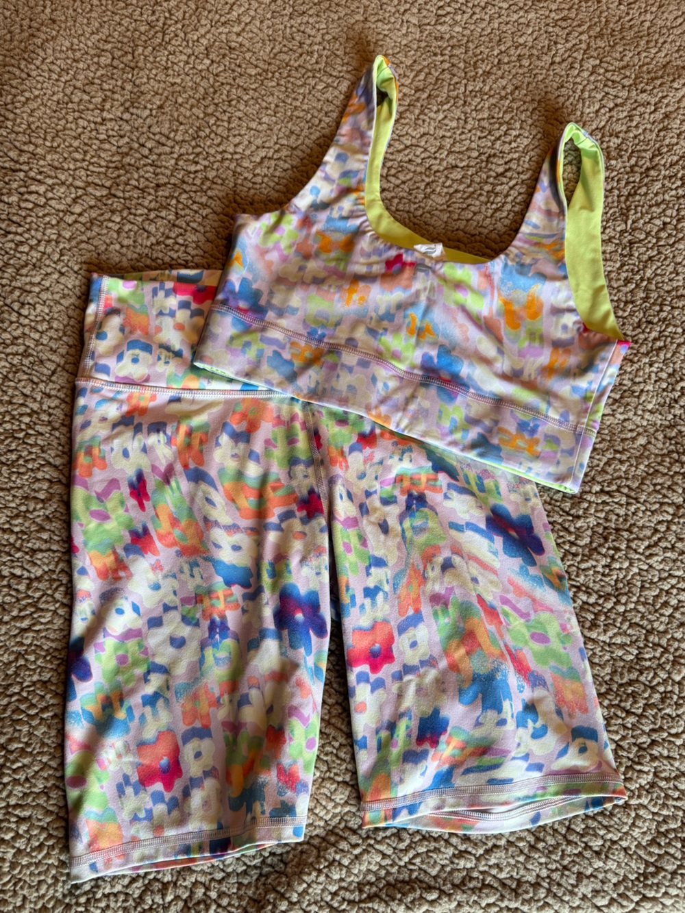 Fabletics Multicolor Abstract PowerHold Crop Tank & Biker Shorts Set